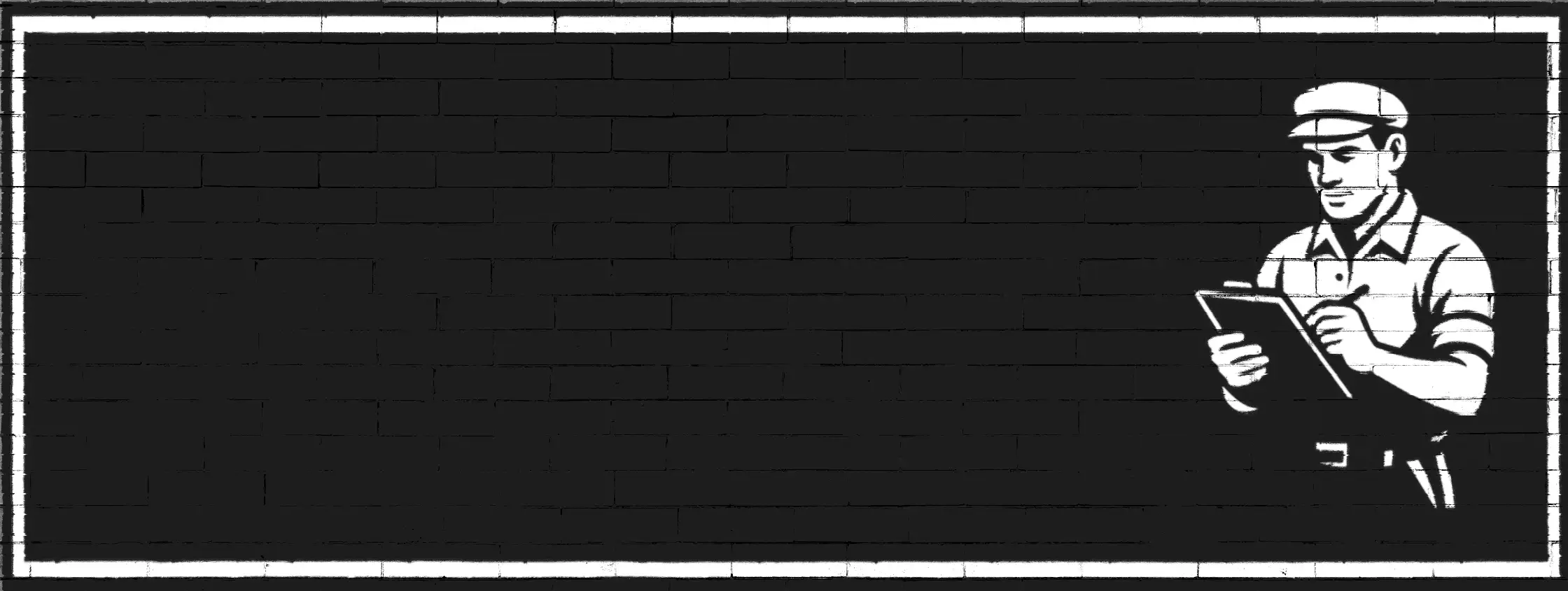Vintage brick wall advertisement style banner with illustrated 1930s service man holding a clipboard 
